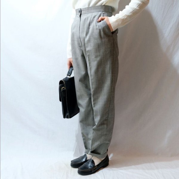 画像6: グレンチェック柄 ウール タックパンツ/w66cm[41230]