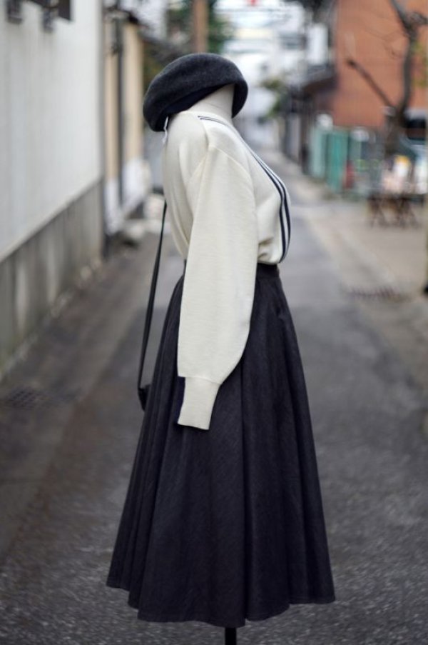 画像6: ライン ホワイト×ブラック ウール 長袖 ニット セーター ノーカラー[16792]