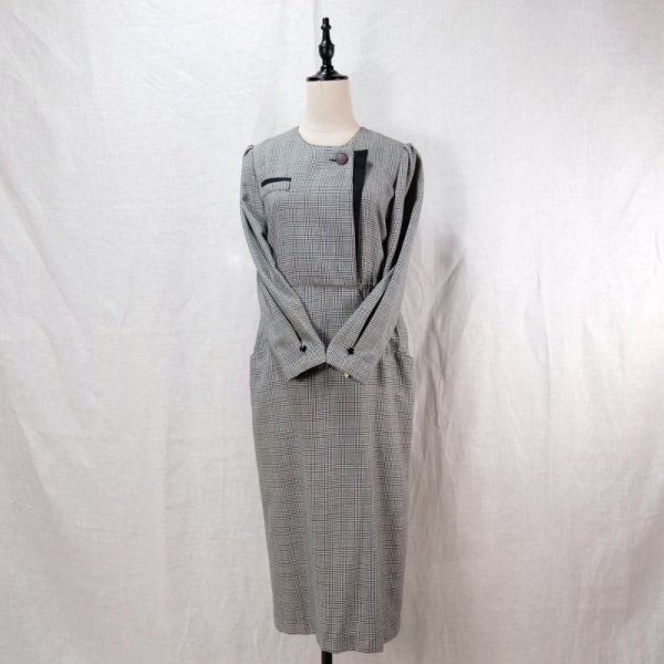 画像5: グレンチェック柄 モノトーン 長袖 ウール レトロワンピース  ノーカラー 比翼 ポケット パフスリーブ[12282]