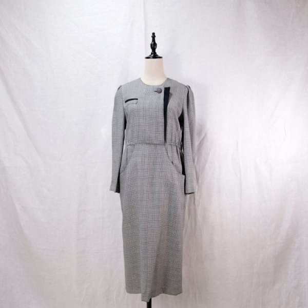 画像15: グレンチェック柄 モノトーン 長袖 ウール レトロワンピース  ノーカラー 比翼 ポケット パフスリーブ[12282]