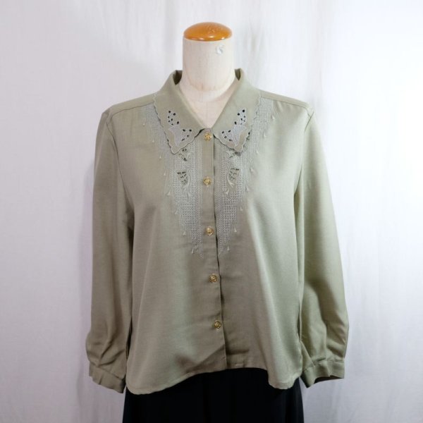 画像11: 無地 グリーン 長袖 ブラウス スカラップカラー[16477]