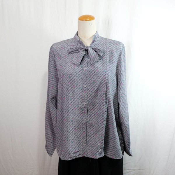 画像8: 青系 柄 長袖 ブラウス ボウタイカラー [16486]