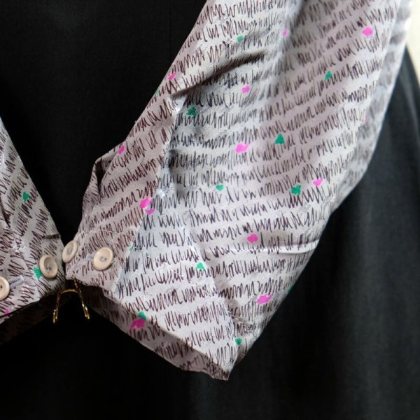 画像3: 青系 柄 長袖 ブラウス ボウタイカラー [16486]