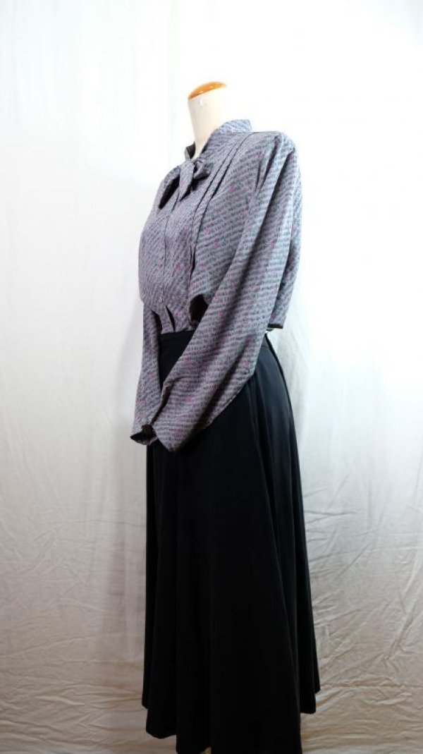 画像5: 青系 柄 長袖 ブラウス ボウタイカラー [16486]