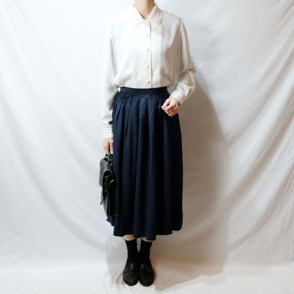 画像3: ピンドット柄 ネイビー系 シルク スカート フレア/w65cm[42265]