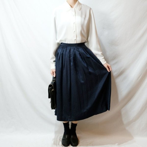 画像12: ピンドット柄 ネイビー系 シルク スカート フレア/w65cm[42265]