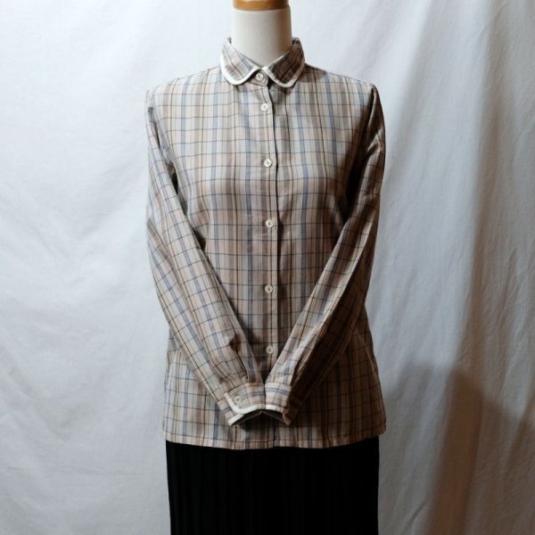 画像11: 青系 チェック柄 長袖 ブラウス ラウンドカラー[16504]