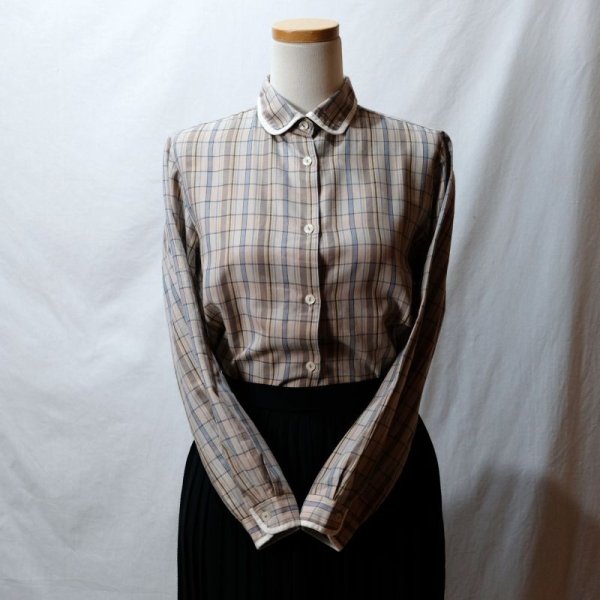 画像3: 青系 チェック柄 長袖 ブラウス ラウンドカラー[16504]