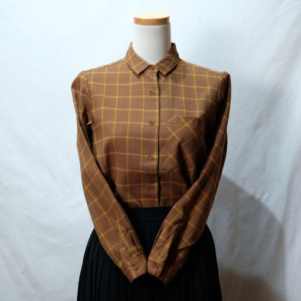 画像5: ブラウン系 チェック柄 長袖 ブラウス レギュラーカラー [16490]