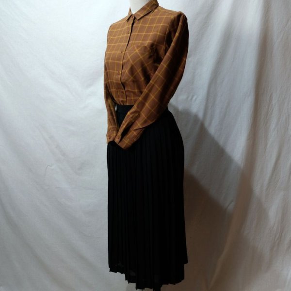 画像6: ブラウン系 チェック柄 長袖 ブラウス レギュラーカラー [16490]