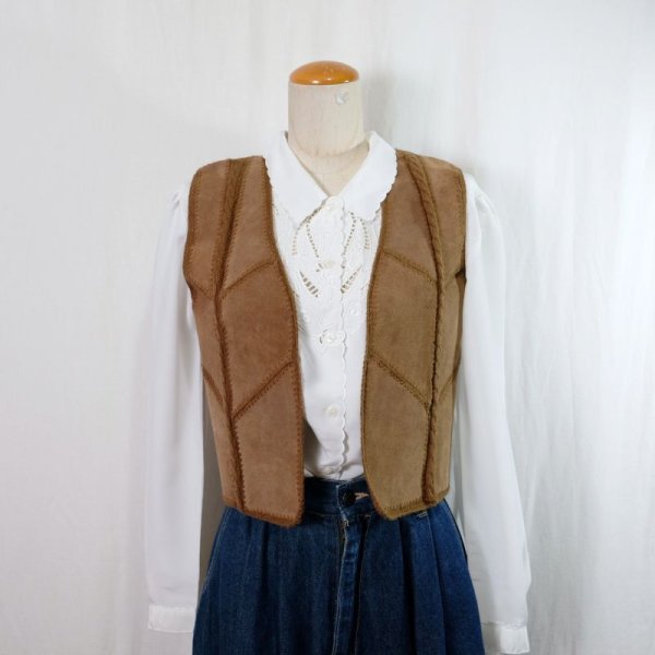 画像8: 牛革 ブラウン系 レザー ベスト Vネック 前開き[25630]
