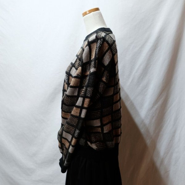 画像4: 黒系 チェック柄 ニット セーター クルーネック[25647]