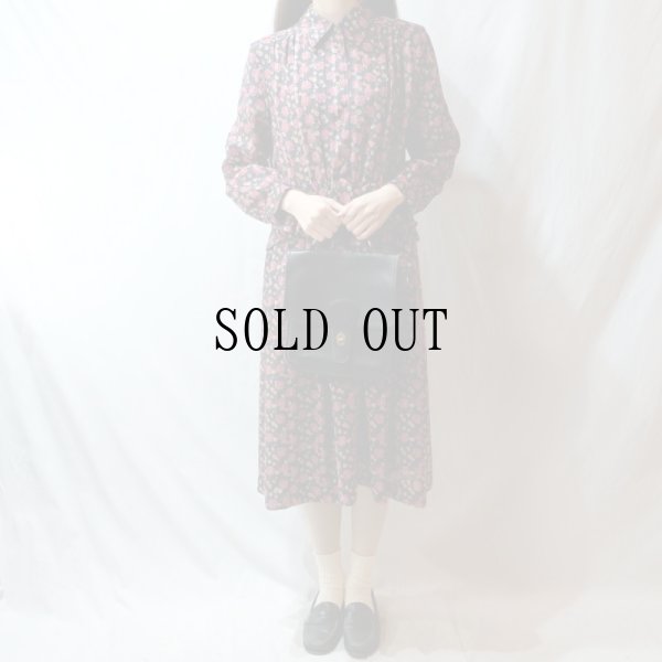 画像3: 花柄 バラ柄 紺系 長袖 レトロワンピース シャツカラー[56560]