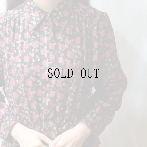 画像1: 花柄 バラ柄 紺系 長袖 レトロワンピース シャツカラー[56560]