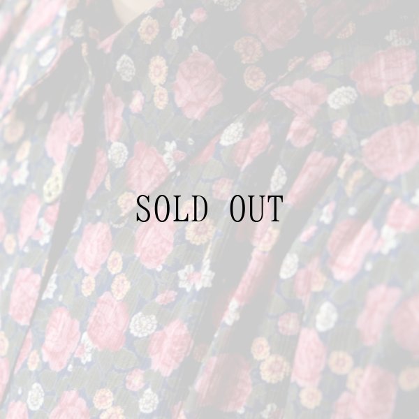 画像5: 花柄 バラ柄 紺系 長袖 レトロワンピース シャツカラー[56560]