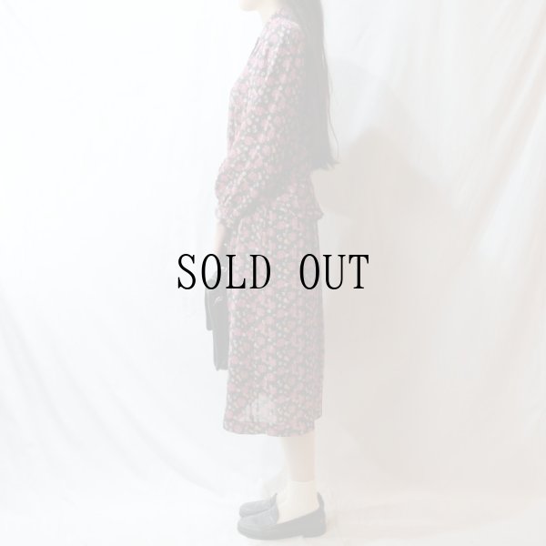 画像6: 花柄 バラ柄 紺系 長袖 レトロワンピース シャツカラー[56560]