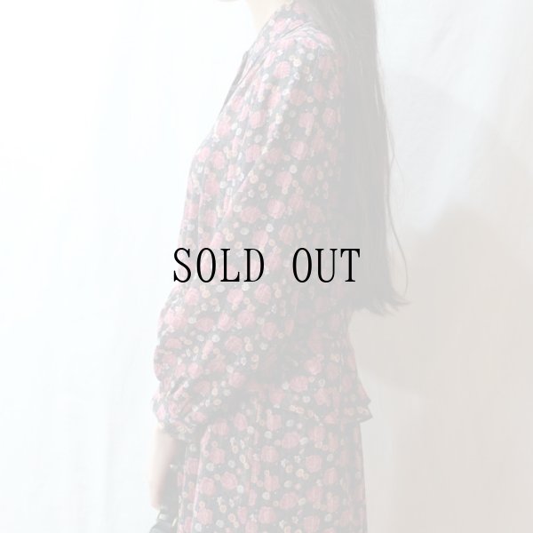 画像7: 花柄 バラ柄 紺系 長袖 レトロワンピース シャツカラー[56560]