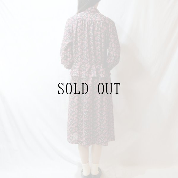 画像8: 花柄 バラ柄 紺系 長袖 レトロワンピース シャツカラー[56560]