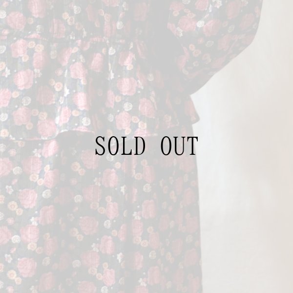 画像9: 花柄 バラ柄 紺系 長袖 レトロワンピース シャツカラー[56560]