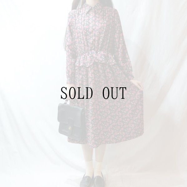 画像11: 花柄 バラ柄 紺系 長袖 レトロワンピース シャツカラー[56560]