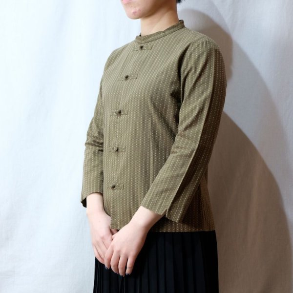 画像3: 幾何学柄 緑 長袖 チャイナブラウス スタンドカラー[16558]