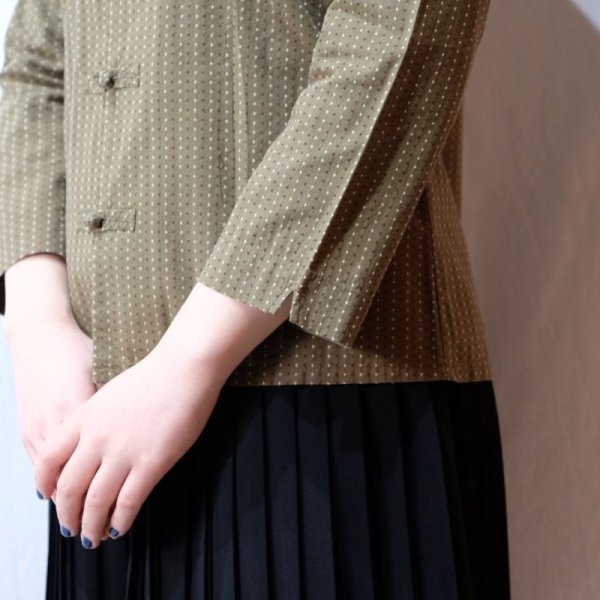 画像13: 幾何学柄 緑 長袖 チャイナブラウス スタンドカラー[16558]