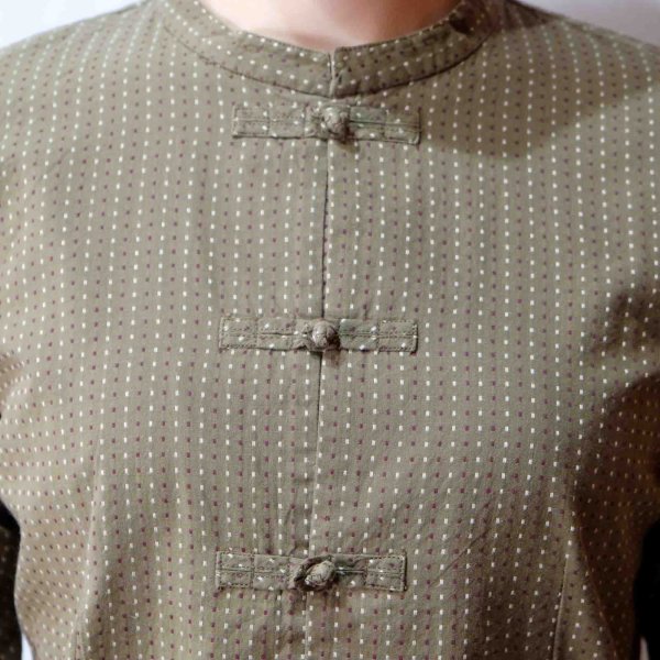 画像10: 幾何学柄 緑 長袖 チャイナブラウス スタンドカラー[16558]