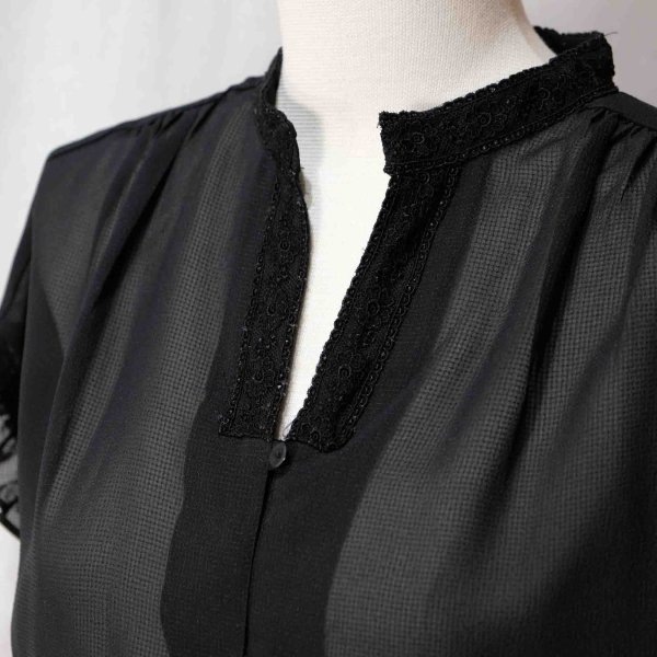 画像8: 無地 黒 半袖 ブラウス スタンドカラー[16567]