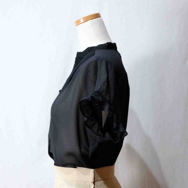 画像5: 無地 黒 半袖 ブラウス スタンドカラー[16567]