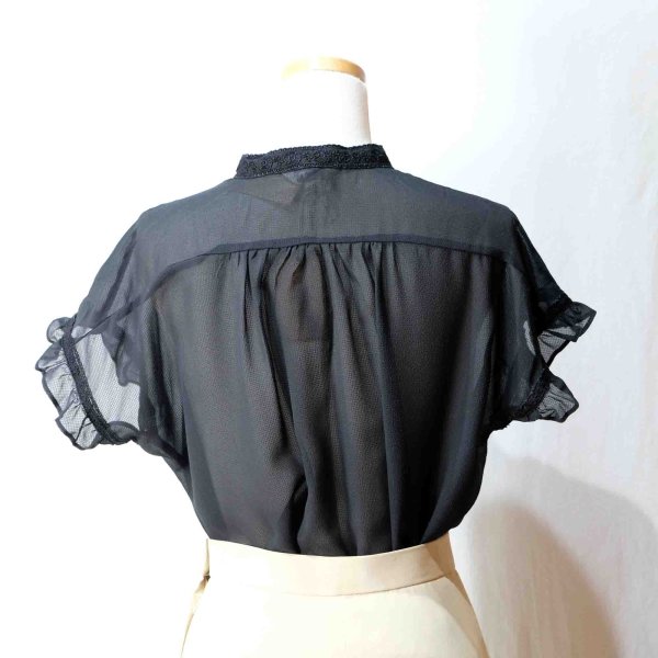 画像6: 無地 黒 半袖 ブラウス スタンドカラー[16567]