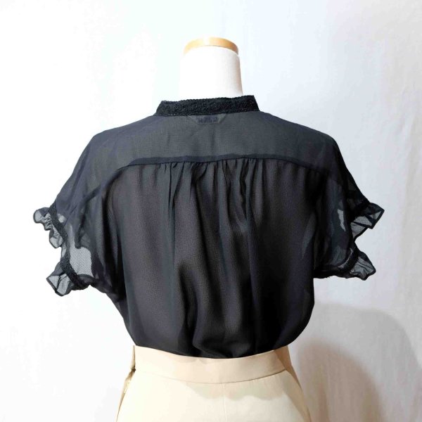 画像7: 無地 黒 半袖 ブラウス スタンドカラー[16567]