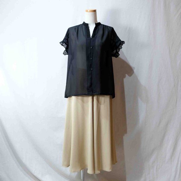 画像13: 無地 黒 半袖 ブラウス スタンドカラー[16567]