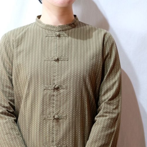 他の写真1: 幾何学柄 緑 長袖 チャイナブラウス スタンドカラー[16558]