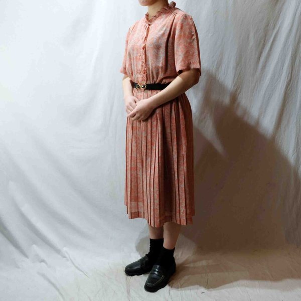 画像3: リーフ柄 ピンク系 半袖 レトロワンピース フリルカラー プリーツ  [56631]