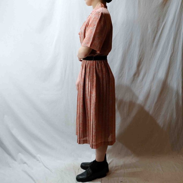 画像5: リーフ柄 ピンク系 半袖 レトロワンピース フリルカラー プリーツ  [56631]