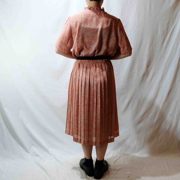 画像6: リーフ柄 ピンク系 半袖 レトロワンピース フリルカラー プリーツ  [56631]