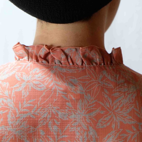 画像8: リーフ柄 ピンク系 半袖 レトロワンピース フリルカラー プリーツ  [56631]