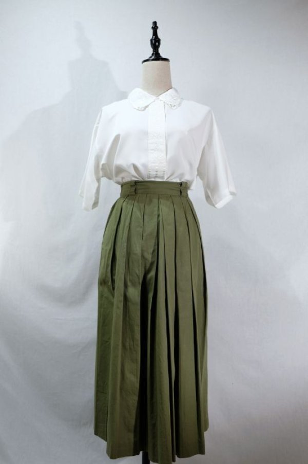 画像4: 無地 グリーン コットン スカート フレア タック[11571]