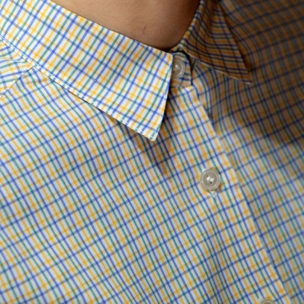 画像3: チェック柄 白×青×黄色 長袖 ブラウス  レギュラーカラー  [16609]