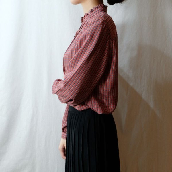 画像7: チェック柄 赤系 長袖 ブラウス フリルカラー [16601]