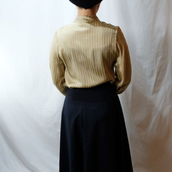 画像8: ストライプ柄 オリーブ色 長袖 シルク ブラウス ボウタイカラー [11438]