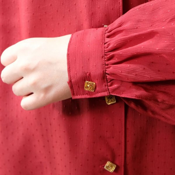 画像10: 無地 赤 長袖 ブラウス ボウタイカラー [11433]