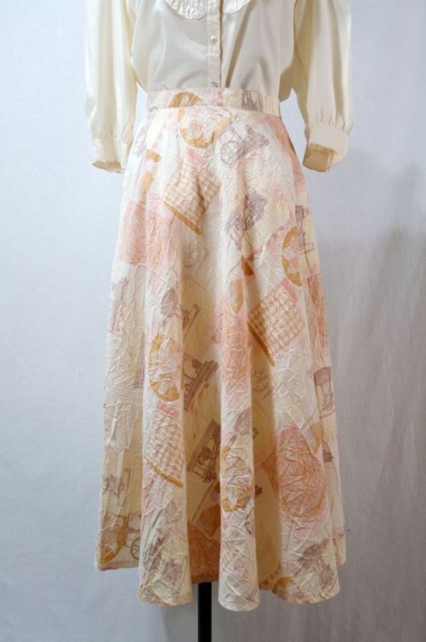 画像1: アンティーク織機絵模様 ピンク系 スカート フレア/w62cm[11558]