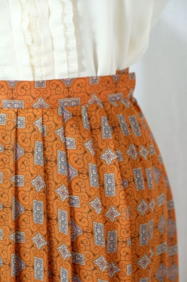 画像3: エスニック柄 オレンジ系 スカート プリーツ w/62cm[11605]