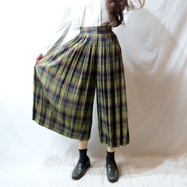 画像3: チェック柄 緑系 キュロット プリーツ/w64cm[11479]
