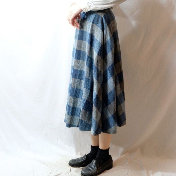 画像6: チェック柄 ブルー系 スカート フレア/w63cm[11494]