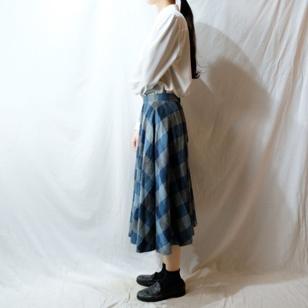 画像7: チェック柄 ブルー系 スカート フレア/w63cm[11494]