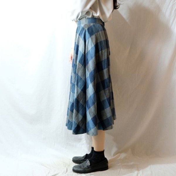画像8: チェック柄 ブルー系 スカート フレア/w63cm[11494]