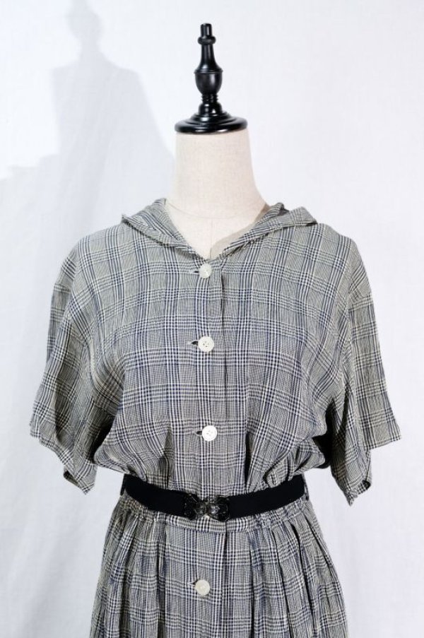 画像3: チェック柄 ネイビー×クリーム色 半袖 レトロワンピース フード付き ウェストゴム[11541]