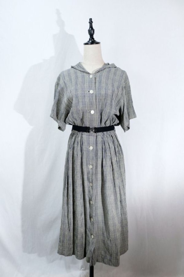 画像4: チェック柄 ネイビー×クリーム色 半袖 レトロワンピース フード付き ウェストゴム[11541]